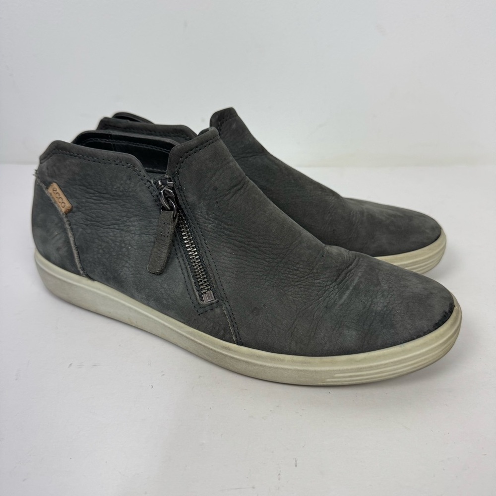 Ecco Grey Gray Leather Slip On Casual Sneakers Shoes